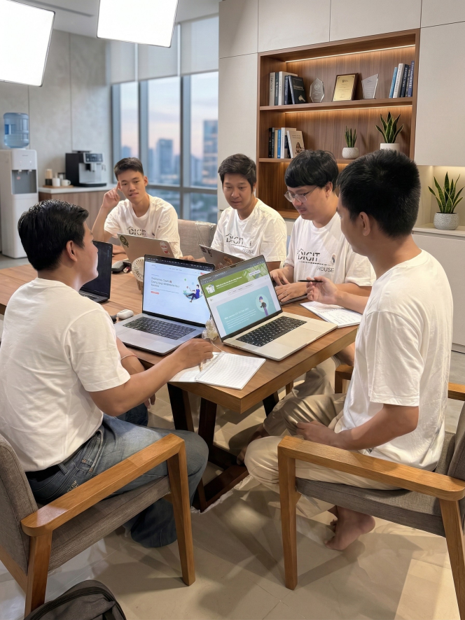 Two people collaborating on a laptop